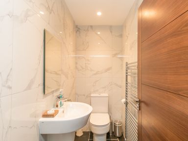 A small bathroom with a sink a mirror a toilet a towel rack and a wooden door at Boathouse on the Lake in Bowness-On-Windermere