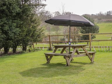 A wooden picnic table with a black umbrella and two glasses of red wine on a grassy lawn near trees and a wooden fence at Ewes Welcome in Cottingham