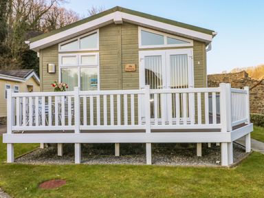 A small wooden cabin with a white railing and a patio table with flowers on the porch at The Hideaway - Heritage Park in Stepaside near Kilgetty