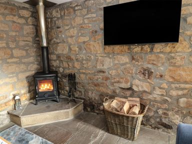 A stone wall with a wood burning stove on a raised hearth a basket of firewood and a mounted television at Granary Cottage in Bellingham