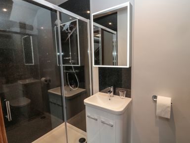 A bathroom with a shower cabin sink with a faucet and mirrored cabinet at Granary Cottage in Bellingham
