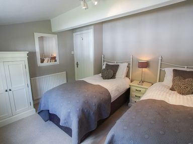 A bedroom with two single beds a bedside table lamp a wardrobe and a mirror at Plumblands in Chapel Stile