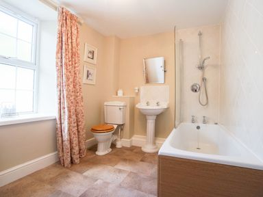 A bathroom with a toilet a pedestal sink a bathtub with shower and a window with patterned curtains at Plumblands in Chapel Stile