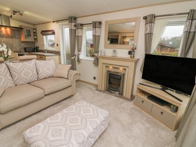 A living room with a sofa ottoman fireplace and television at Lancaster Lodge in South Lakeland Leisure Village