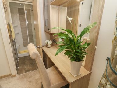 A dressing table with a potted plant and chair next to a bathroom at Lancaster Lodge in South Lakeland Leisure Village
