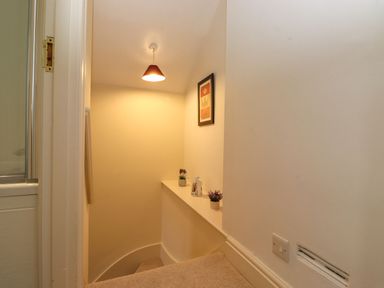 A hallway with a staircase leading down and a wall shelf with small plants and a teapot at Holme Rigg in Braithwaite