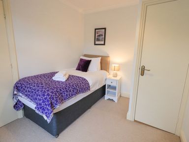 A single bed with a purple blanket and pillow next to a white nightstand with a lamp in a bedroom at Holme Rigg in Braithwaite
