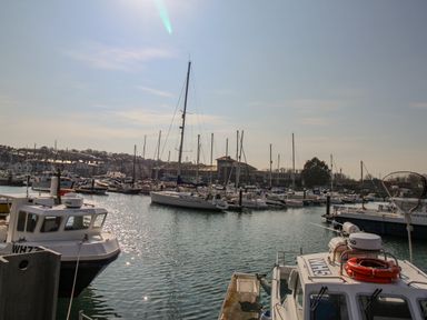 A marina with several boats and yachts docked along piers and buildings in the background at Harbour Reach 6 Weymouth