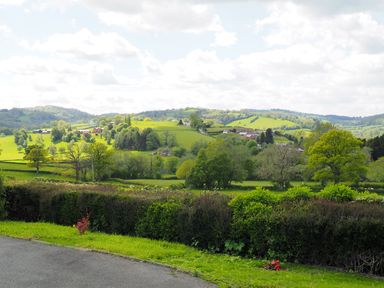 A countryside view with green hills trees and houses at Berwyn View in Trelydan near Welshpool