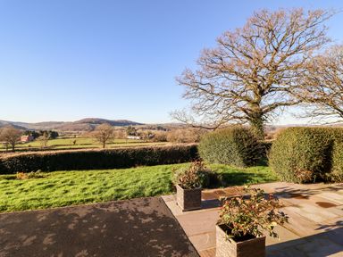 A garden with potted plants a lawn and trimmed hedges with hills and trees in the background at Berwyn View in Trelydan near Welshpool
