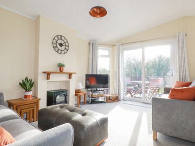 A living room with a clock above a fireplace a television and sofas with cushions at Laurel Lodge Bossiney Bay Holiday Park near Tintagel