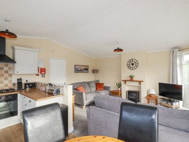 An open plan living room and kitchen with grey sofas a wall clock and a television at Laurel Lodge Bossiney Bay Holiday Park near Tintagel