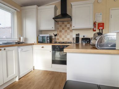 A kitchen with white cabinets a dishwasher an oven a microwave and kitchen utensils at Laurel Lodge Bossiney Bay Holiday Park near Tintagel
