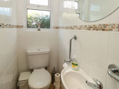 A small bathroom with a toilet sink hand soap and a frosted window at 33 Weymouth Park in Hope Cove