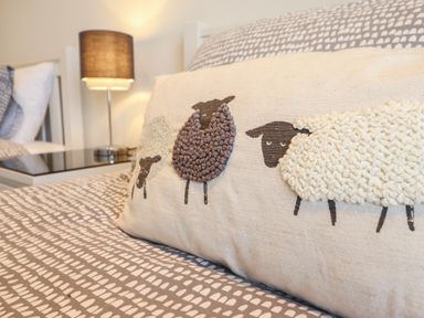 A bed with a cushion featuring three sheep designs and a lamp on a bedside table at Harbour View in Porthmadog