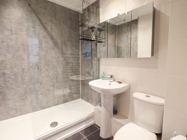 A bathroom with a shower area a pedestal sink and a toilet at Harbour View in Porthmadog