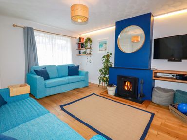 A living room with two blue sofas a wooden floor a fireplace with a round mirror above a mounted television and shelves with plants and books at Estuary View in Newquay