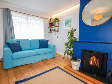 A living room with a blue sofa two cushions a burning fireplace round mirror plants and wooden shelves at Estuary View in Newquay