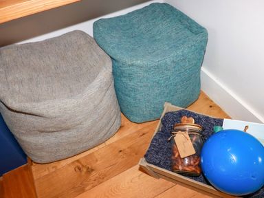 Two fabric poufs on a wooden floor next to a tray with a jar labeled dog treats and a blue ball at Estuary View in Newquay