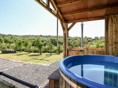 A wooden outdoor gazebo with a round blue hot tub and a view of a garden and trees at The Lodge in Pontyates
