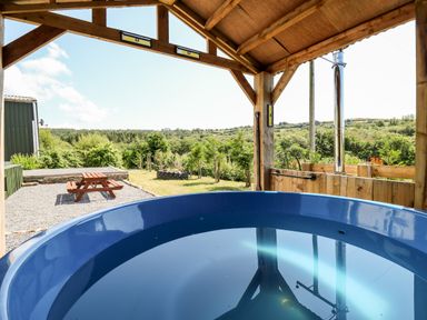 A covered outdoor area with a blue hot tub and wooden picnic table in a garden with trees at The Lodge in Pontyates