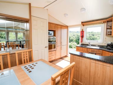 A kitchen and dining area with wooden cabinets a table and chairs and a window showing greenery outside at The Lodge in Pontyates