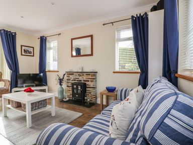 A living room with a striped sofa a coffee table a television and a fireplace at Hazel Cottage in Tintagel
