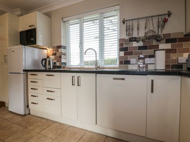 A kitchen with white cabinets a refrigerator a microwave and utensils hanging above a black countertop at Hazel Cottage in Tintagel