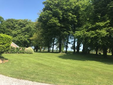 A lawn with trees along the edge under a clear sky at Tal Gwynedd in Dwyran near Newborough