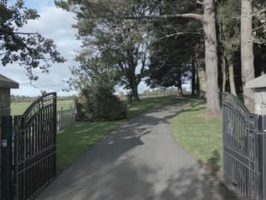A driveway with open metal gates leading to a tree-lined road with grass on either side at Tal Gwynedd in Dwyran near Newborough