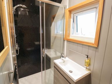 A bathroom with a shower and sink at Willow Lodge At Bridge Lake Farm & Fishery Chacombe