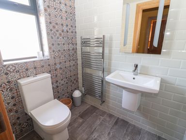 A bathroom with a toilet sink mirror towel heater and patterned tiles at Lack Cottage Annascaul near Camp County Kerry