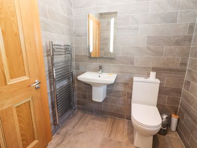 A bathroom with a toilet sink mirror towel rack and wooden door at Lack Cottage Annascaul near Camp County Kerry