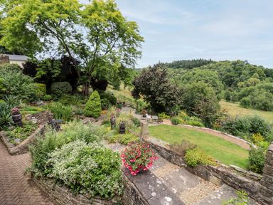 A garden with stone steps shrubs and a lawn surrounded by trees and plants at The Tack Room in Lydney