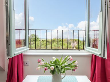 A window open with pink curtains and a vase of tulips on a table at Higher Kernick View in Helland near Blisland