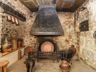 An old stone room with a large fireplace a black iron fireguard copper utensils and pottery jars at Field View in Curland near Taunton