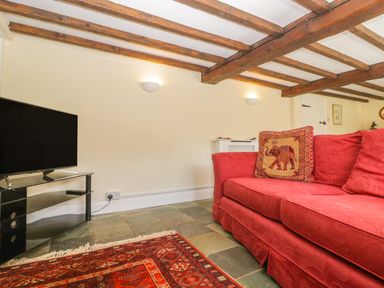 A living room with a red sofa a patterned cushion a television on a black glass stand and wooden ceiling beams at Field View in Curland near Taunton