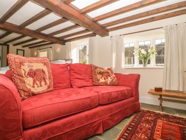 A room with a red sofa with elephant cushions exposed wooden ceiling beams and windows with white curtains at Field View in Curland near Taunton