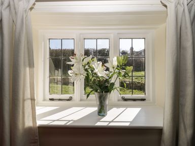 A window with white flowers in a vase on the windowsill with curtains on each side at Field View in Curland near Taunton