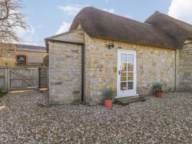 A stone cottage with a thatched roof and two flower pots on gravel outside the door at Field View in Curland near Taunton