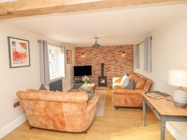 A living room with two brown sofas a wooden coffee table and a wood stove against a brick wall at Pumphouse Cottage in Uffculme