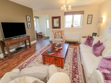 A living room with sofas a coffee table a television and a patterned rug at Cushat House Stamford near Embleton