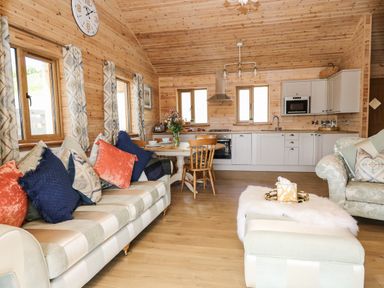 A living area with sofas cushions a dining table and kitchen cabinets at The Larches Van near Llanidloes