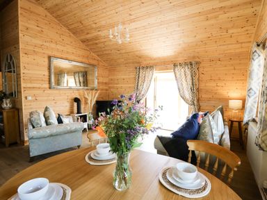 A wooden dining table set with white bowls and plates and a vase of flowers in a living room with wood paneled walls and patterned curtains at The Larches Van near Llanidloes