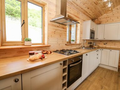 A kitchen with wooden walls countertops and floors a stove oven sink and white cabinets at The Larches Van near Llanidloes
