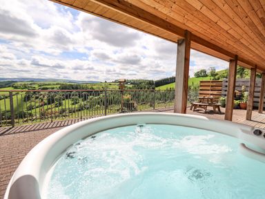 An outdoor hot tub on a covered patio overlooking green hills with a wooden picnic table and potted plants at The Larches in Van near Llanidloes