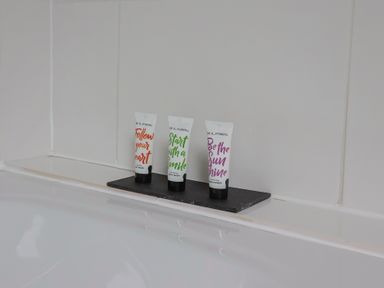 Body wash and conditioner tubes on a shelf in a bathroom at The Old Bakery South Perrott near Mosterton