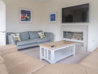 A living room with sofas a coffee table a wall-mounted television and a modern fireplace at Hazelseat House in Graythwaite near Ulverston