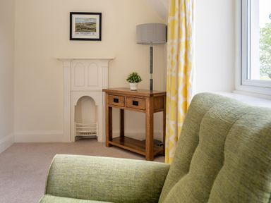 A corner of a room with a green chair a wooden side table with a plant and a lamp a small white fireplace and yellow patterned curtains at Hazelseat House Graythwaite near Ulverston