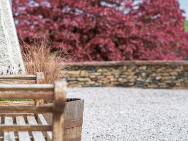 A wooden bench next to a planter with dry grass on a gravel area with a stone wall and a red-leaved tree in the background at Hazelseat House Graythwaite near Ulverston